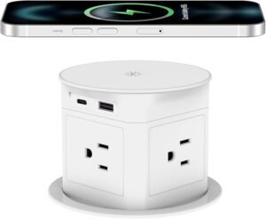 Pop up Outlet for Countertop with 15W Wireless Charger,4 Outlets 1 PD20W USB-C Ports,1QC18W USB-A,3.94 inch Desk Hole Power Grommet,Pop Up Power Outlet for Kitchen Countertop,Office Desktop (White)