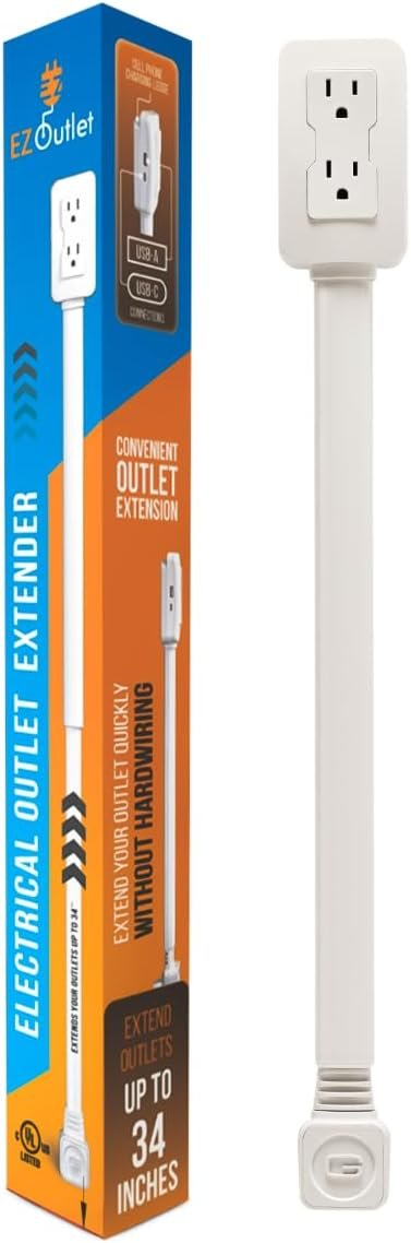 Electrical Outlet Extender. Access Hard-to-Reach Outlets! Features USB-A, USB-C, and 2 AC Outlets, Extends 22"-34", Rotates 180°. Use Behind Couches, Nightstands, Desks, and More.
