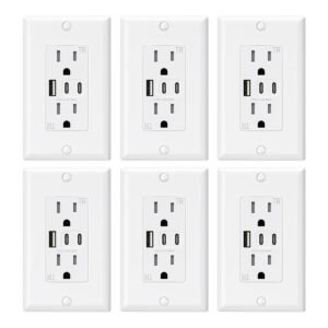 ELEGRP USB Outlets, 15 Amp Wall Outlet with 3 USB Ports, Dual USB C Ports Outlets, TR Tamper-Resistant USB Outlets Receptacles, Wall Plate Included, UL/CUL Listed, 6 Pack, White