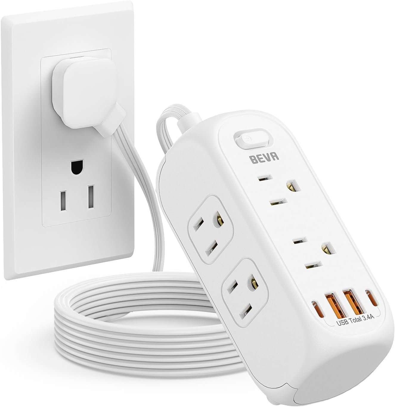 BEVA Power Strip with USB C, 5FT Flat Plug Extension Cord, Surge Protector with USB Ports 6 Outlet 4 USB Ports (2 USB C), Wall Mount Small Power Strip for Travel Home Office College Dorm