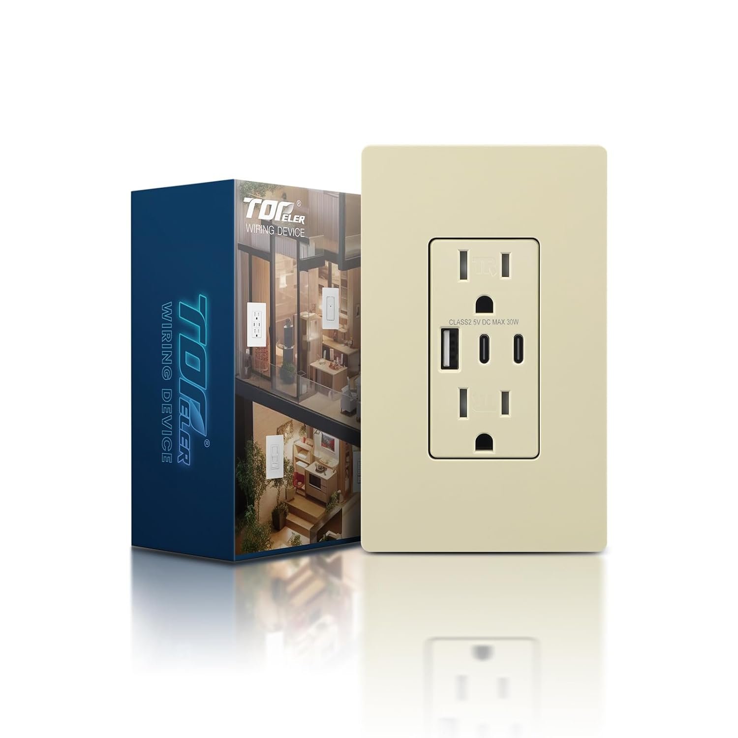 Ivory USB Wall Outlet, 30W 6.0A 3 Ports USB Outlet Receptacles with Type A & C Port, 15 Amp Tamper-Resistant Electrical Outlet, Screwless Wall Plate Included, ETL&FCC Listed