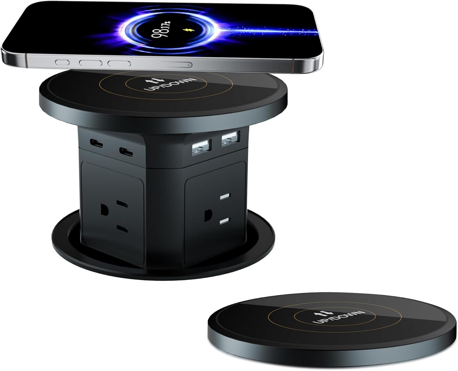 9-in-1 Pop-Up Outlet with Wireless Charging – 4 AC & 4 USB Ports, 2500W Overload Protection, 100-240V Global Voltage, 4-1/8" Cutout – Hidden Countertop Power Hub for Kitchen, Office, Conference Table
