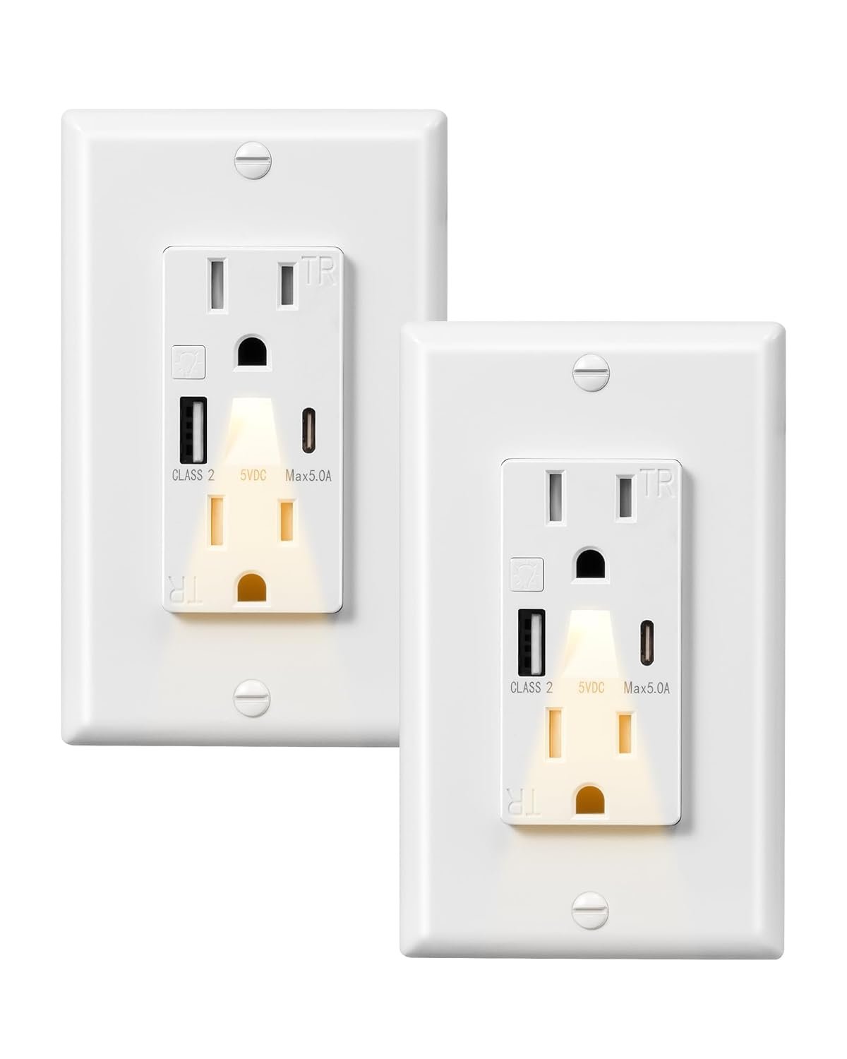 DEWENWILS USB Outlet with LED Night Light, 5V 4.8A Tamper-Resistant Wall Outlets with USB-A & USB-C Ports, Wall Plate for Kitchen, Bathroom, Office, White, 2 Pack