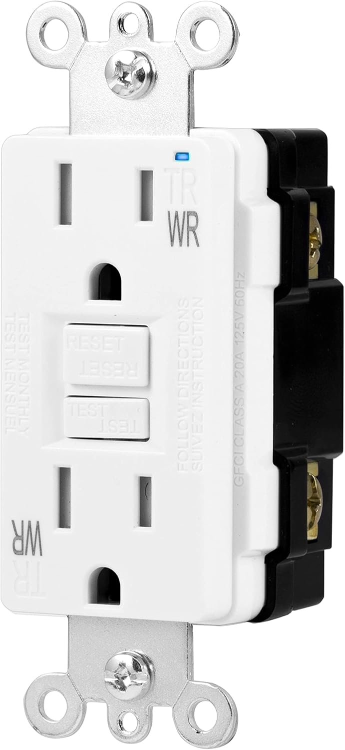 Amazon Basics Weather-Resistant GFCI Receptacle with LED Indicator, Tamper Resistant, Ground Fault Protection, 15 Amp, White