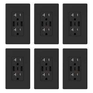 ELEGRP USB Outlets, 3-Port USB C Receptacles (2-Pack), Matte Black, Tamper-Resistant with 20 Amp, Includes Screwless Wall Plate, UL & CUL Listed