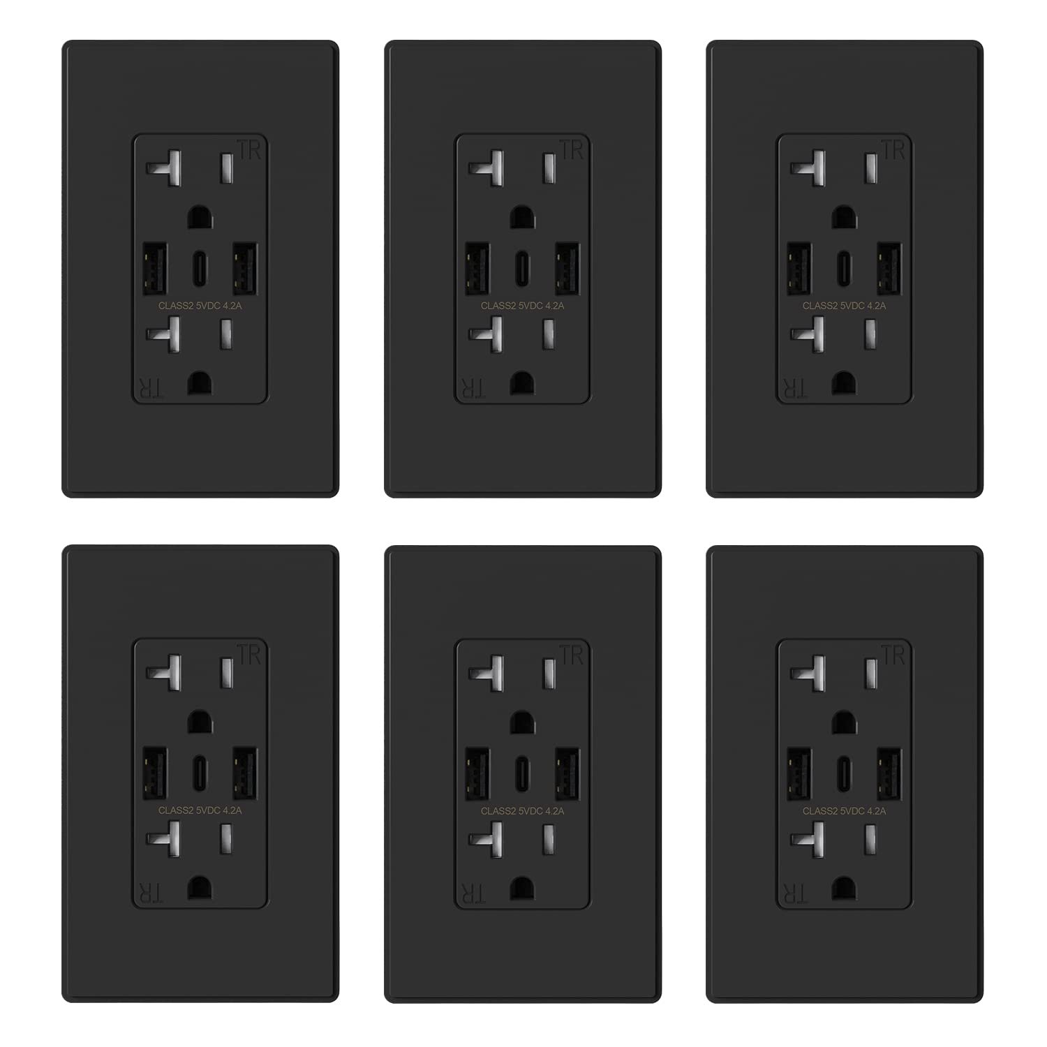 ELEGRP USB Outlets, 3-Port USB C Receptacles (2-Pack), Matte Black, Tamper-Resistant with 20 Amp, Includes Screwless Wall Plate, UL & CUL Listed