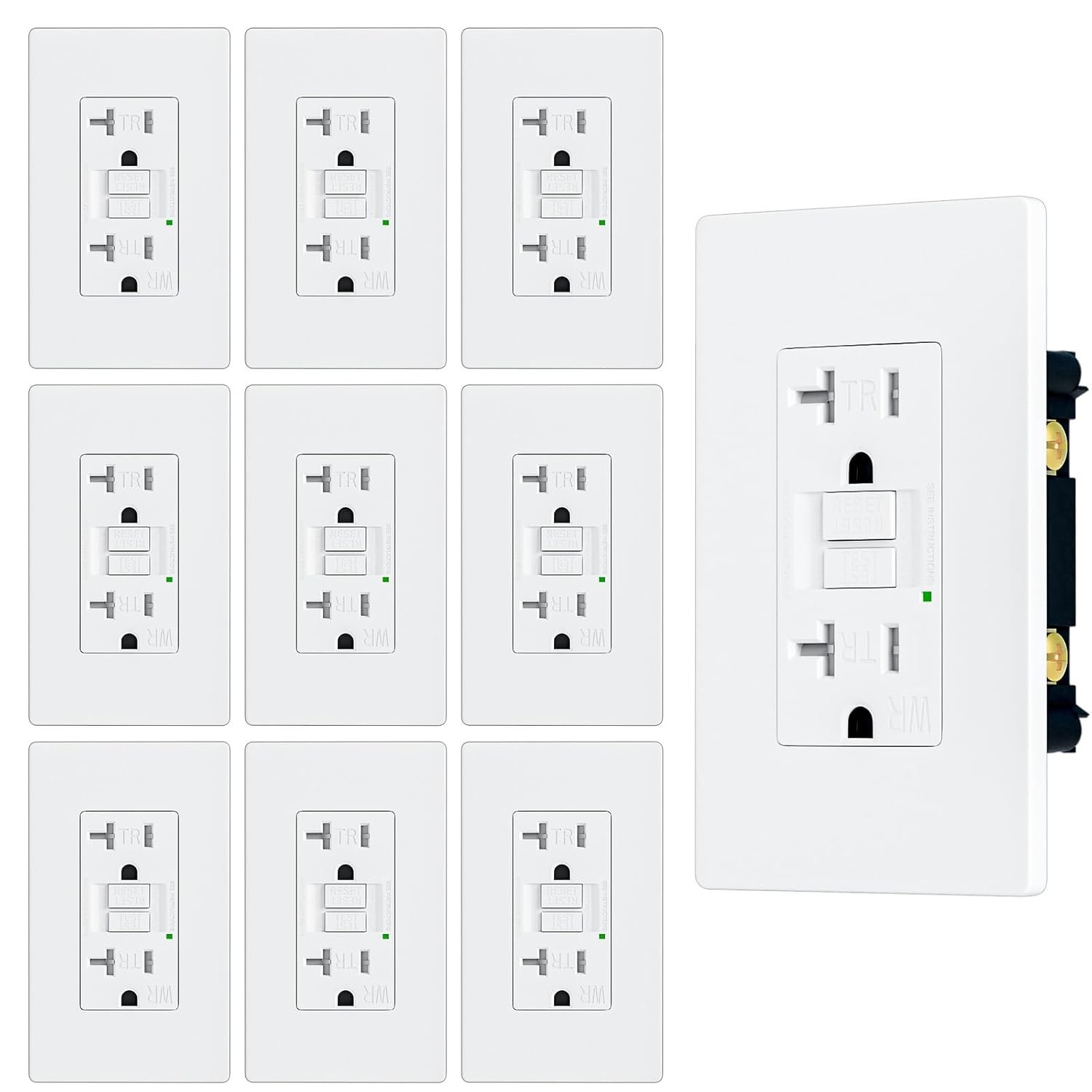 20 Amp Self-Test Slim GFCI Outlet Weather Resistant, Tamper-Resistant Receptacle with LED Indicator, Screwless Wallplate Included, UL Listed White (10PACK)