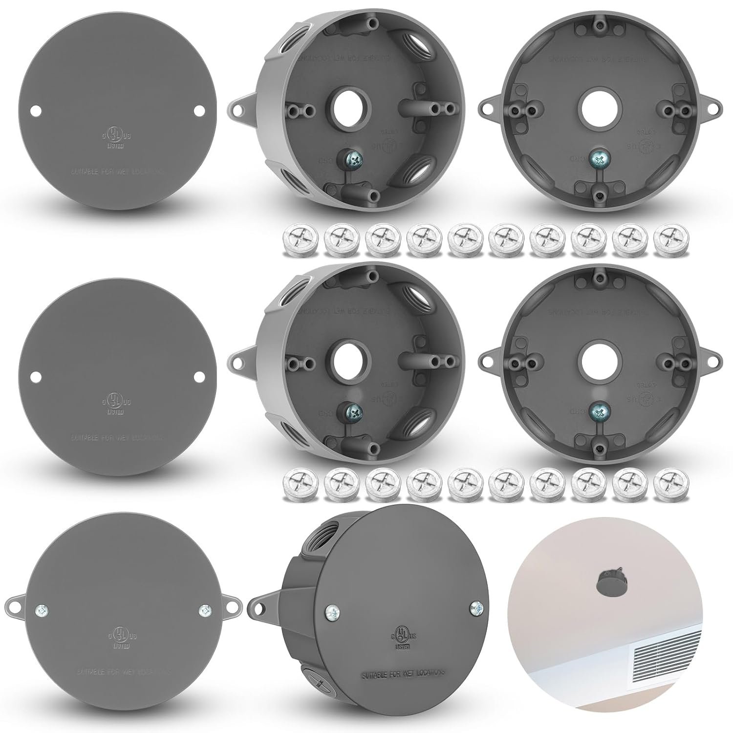 Juexica 4 Set 4'' Round Electrical Box with 4'' Blank Flat Metal Plate Cover Weatherproof 5 Hole 1/2 Inch Outdoor Outlet Junction Box for Ceiling Mount Lighting Systems Exterior, Gray