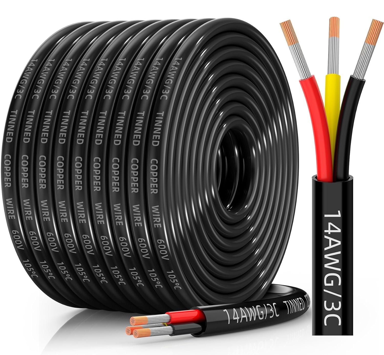 14 Gauge Wire 3 Conductor Electrical Wire, 14 AWG Tinned Copper Stranded PVC Cable, IP68 Waterproof/Flexible/Low Voltage Cord for Automotive, Marine, Solar, LED Lighting (50FT)