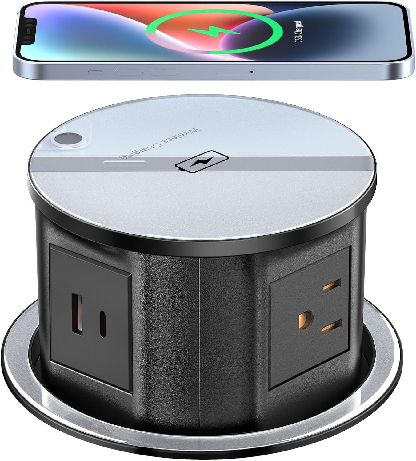 Pop Up Outlet Electrical Power Socket for Kitchen Countertop, Retractable Recessed Power Strip 4.7inch Hidden Outlet with 15W Wireless Charger 4 AC Plug 1 USB-A and 1 USB-C Port (Black)