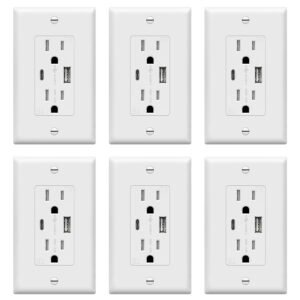 TOPGREENER USB Outlet, Type C & Type A USB Wall Outlet, 15 Amp Tamper Resistant Receptacle Plug, Charging Power Outlet with USB Ports, Wall Plate Included, UL Listed, TU21536AC-W-6PCS, White, 6 Pack