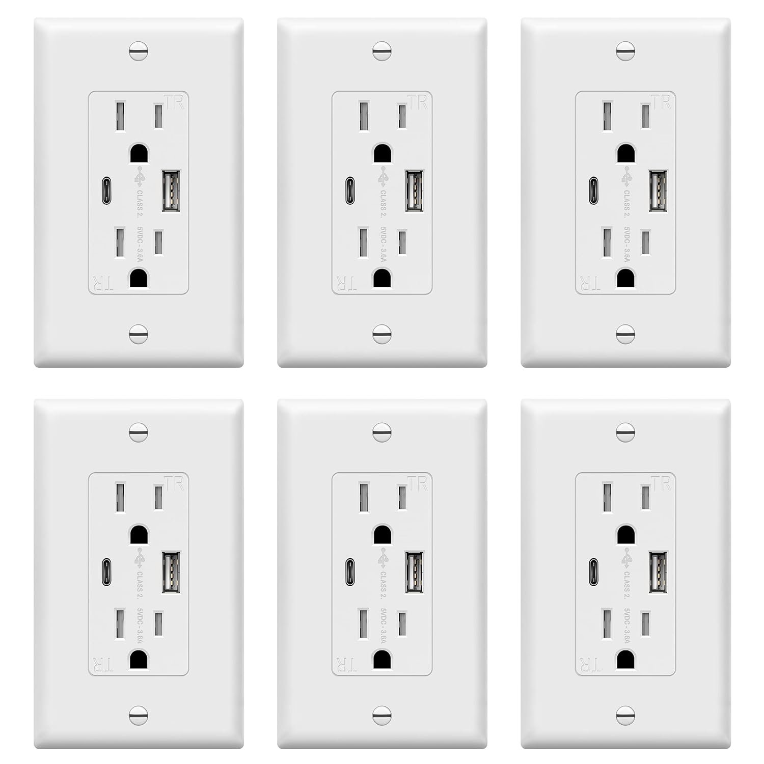 TOPGREENER USB Outlet, Type C & Type A USB Wall Outlet, 15 Amp Tamper Resistant Receptacle Plug, Charging Power Outlet with USB Ports, Wall Plate Included, UL Listed, TU21536AC-W-6PCS, White, 6 Pack