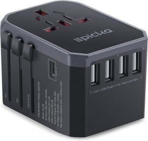 EPICKA Universal Travel Adapter, European Travel Plug Adapter - International Power Adapter Worldwide Charger with USB-C & 4 USB-A Ports, Travel Essentials for Italy, Japan, Europe, UK (TA-105, Grey)