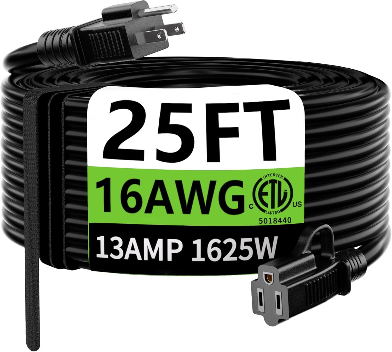 HUANCHAIN Indoor Outdoor Black Extension Cord 25 ft Waterproof, 16/3 Gauge Flexible Cold-Resistant Appliance Cable Outside, 13A 1625W 16AWG SJTW, 3 Prong Heavy Duty Electric Cord, ETL