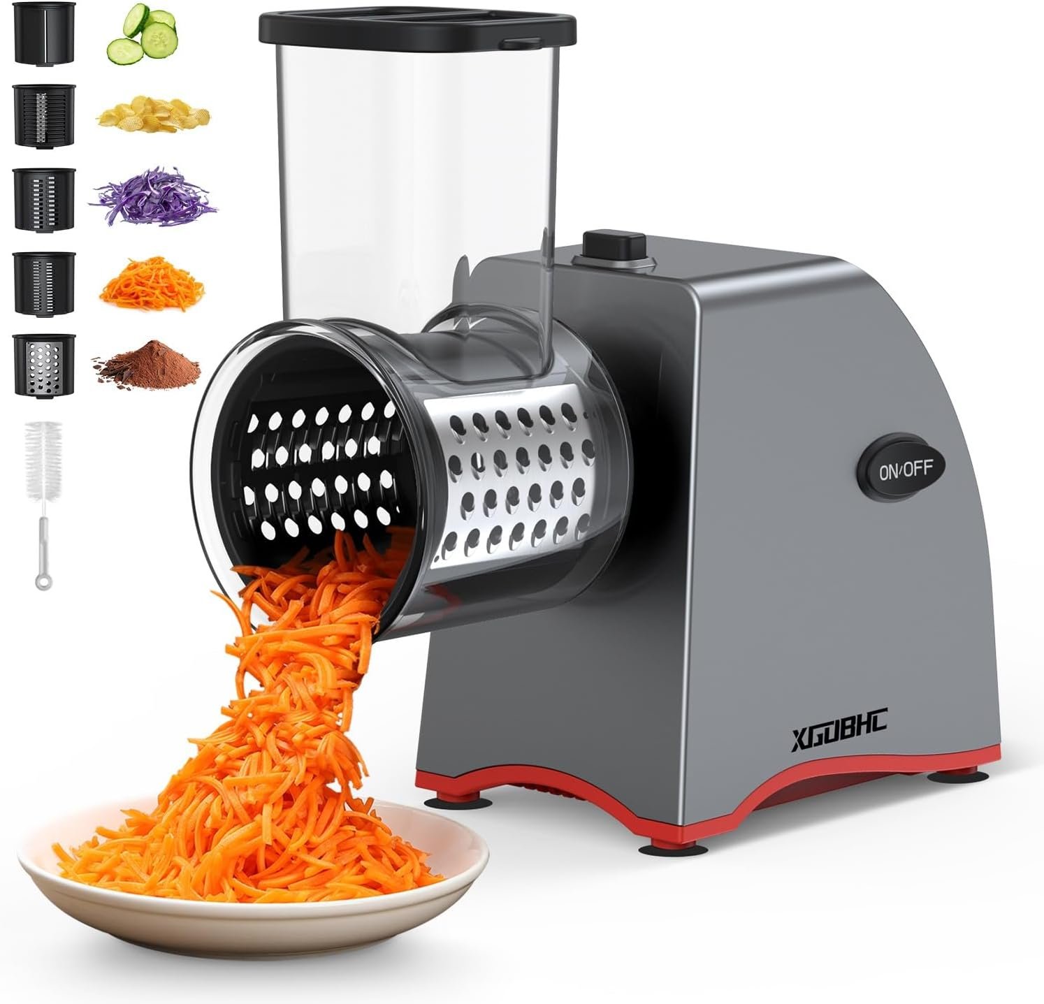 Electric Cheese Grater, Upgraded Salad Maker with 5 Replaceable Stainless Blades, 250W Electric Cheese Shredder, One-Touch Control Vegetable cutter Kitchen Slicer for Cheeses, Fruits, Nuts