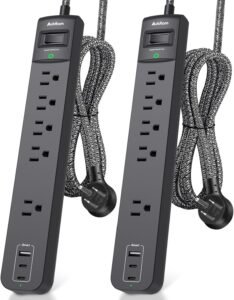 2 Pack Power Strip Surge Protector - 5 Widely Spaced Outlets 3 USB Charging Ports, 1875W/15A with 6Ft Braided Extension Cord, Flat Plug, Overload Surge Protection, Wall Mount for Home Office