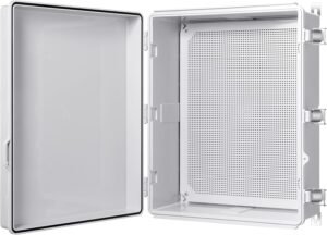 Junction Box, IP67 Waterproof Plastic Enclosure for Electrical Project, Hinged Grey Cover, Includes Mounting Plate and Wall Bracket 510×410×200mm (20"×16.1"×7.9")