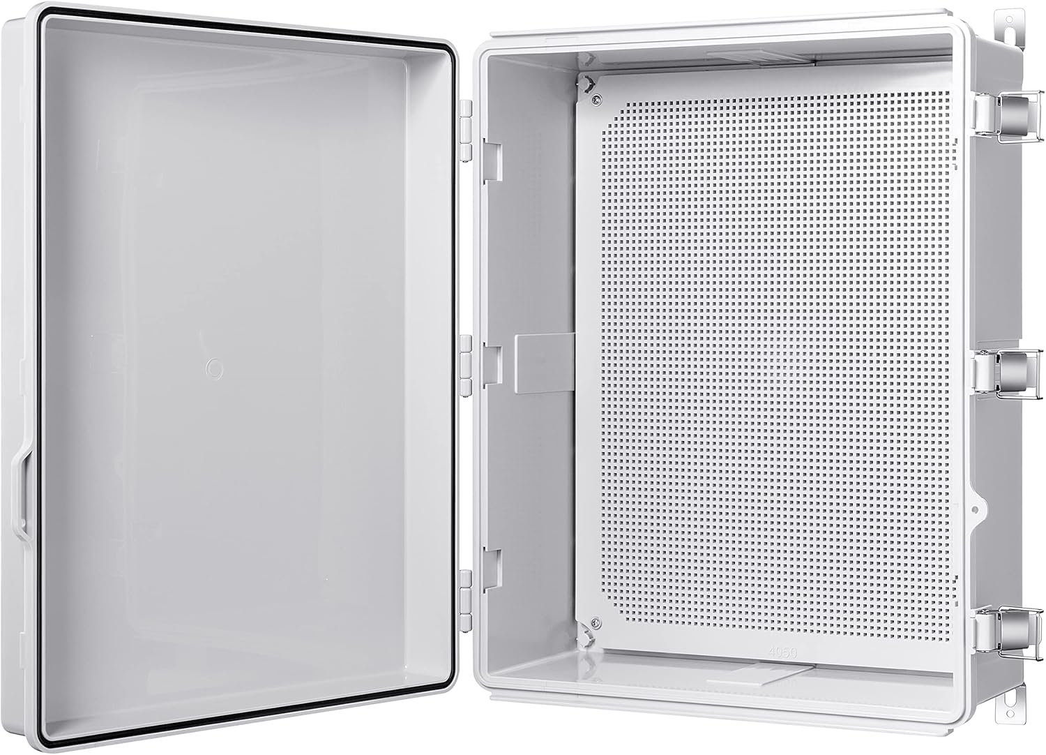 Junction Box, IP67 Waterproof Plastic Enclosure for Electrical Project, Hinged Grey Cover, Includes Mounting Plate and Wall Bracket 510×410×200mm (20"×16.1"×7.9")
