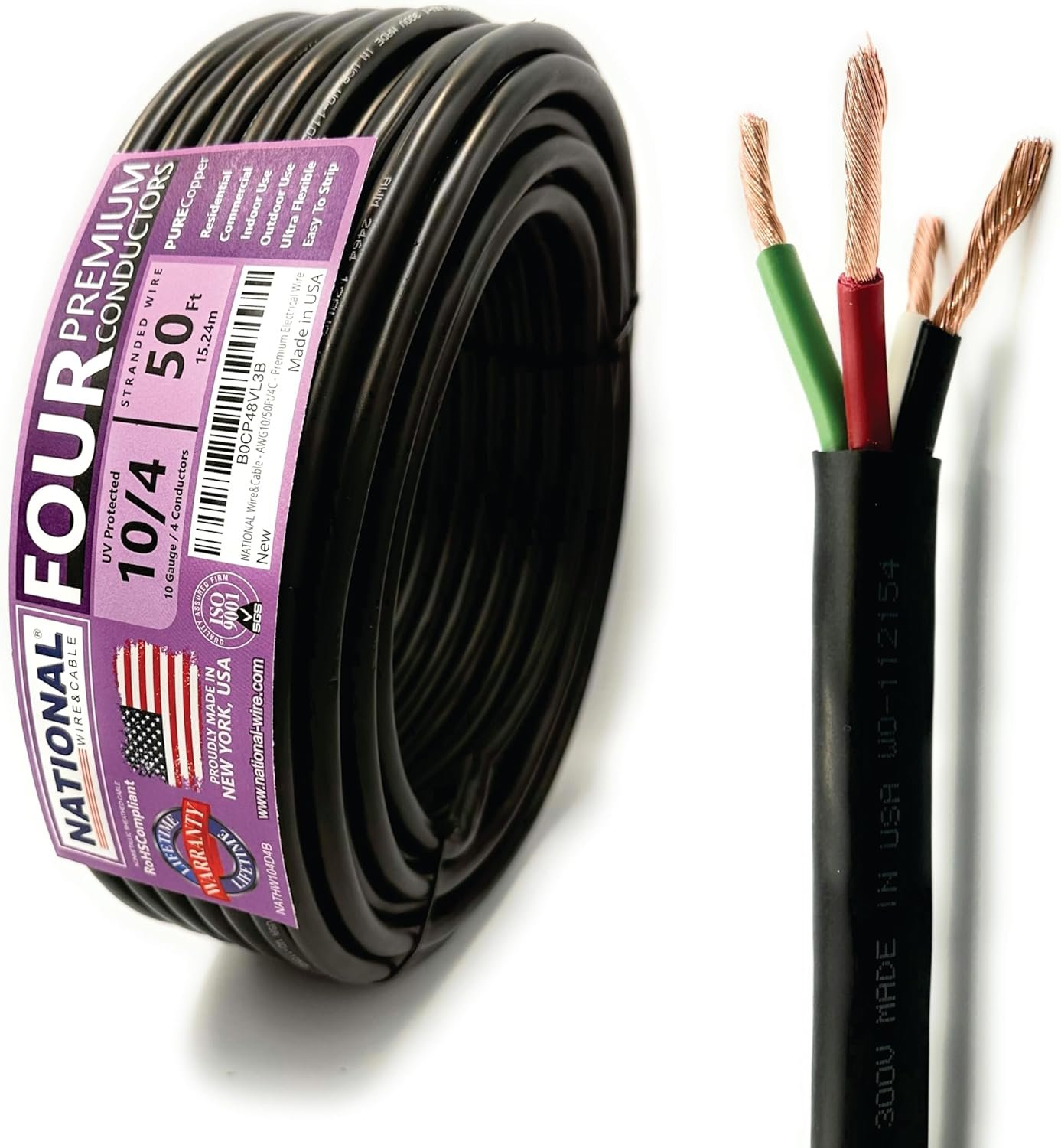 NATIONAL Wire&Cable - 10 Gauge 4 Conductors Premium Electrical Wire - Made in USA - 10 AWG Wire Stranded PVC Power Cord Copper Cable 50 Ft. Indoor and Outdoor Lighting Automotive Battery