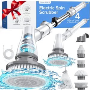 Electric Spin Scrubber with Battery Power Display, Fast-Charging Cordless Shower Scrubber with Long Handle, 4 Replaceable Brush Head, 1.5H & 2 Speeds Electric Scrubber(Grey)